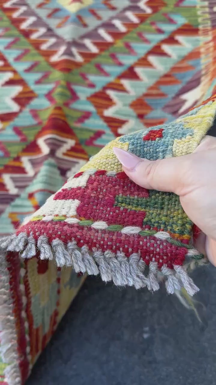 3x4 (91x121) Handmade Afghan Kilim Rug | Burnt Orange Forest Pine Green Rose Crimson Red White Cream Yellow Purple Denim Baby Blue | Wool