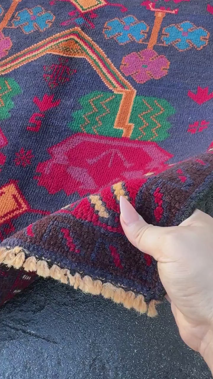 3x4-5 (91x152) Handmade Vintage Afghan Baluch Rug | Midnight Navy Denim Blue Burnt Orange Mustard Yellow Crimson Blood Red White Cream Black