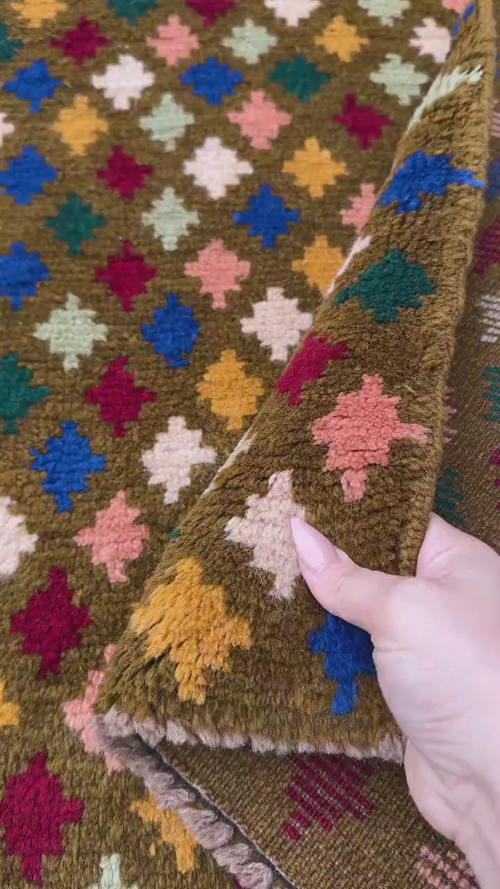 4x6 Handmade Vintage Afghan Baluch Rug | Chocolate Brown Forest Mint Green Brick Red Mustard Gold Navy Blue Cream White Salmon Pink Peach