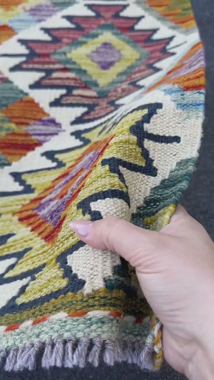 2x5 Handmade Afghan Kilim Runner Rug | Cream Olive Moss Pine Green Maroon Red Burnt Orange Teal Purple Grey Denim Blue | Wool Flatwoven