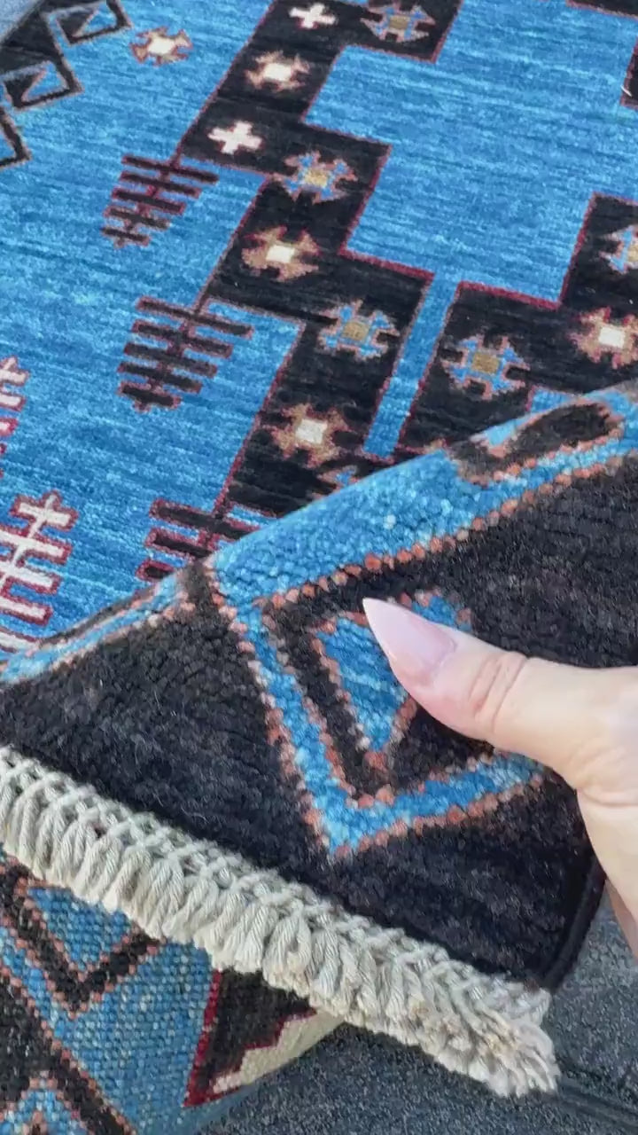 3x10 Handmade Afghan Wool Runner Rug | Blue Tribal Geometric Runner | Hand-Knotted Hallway Rug