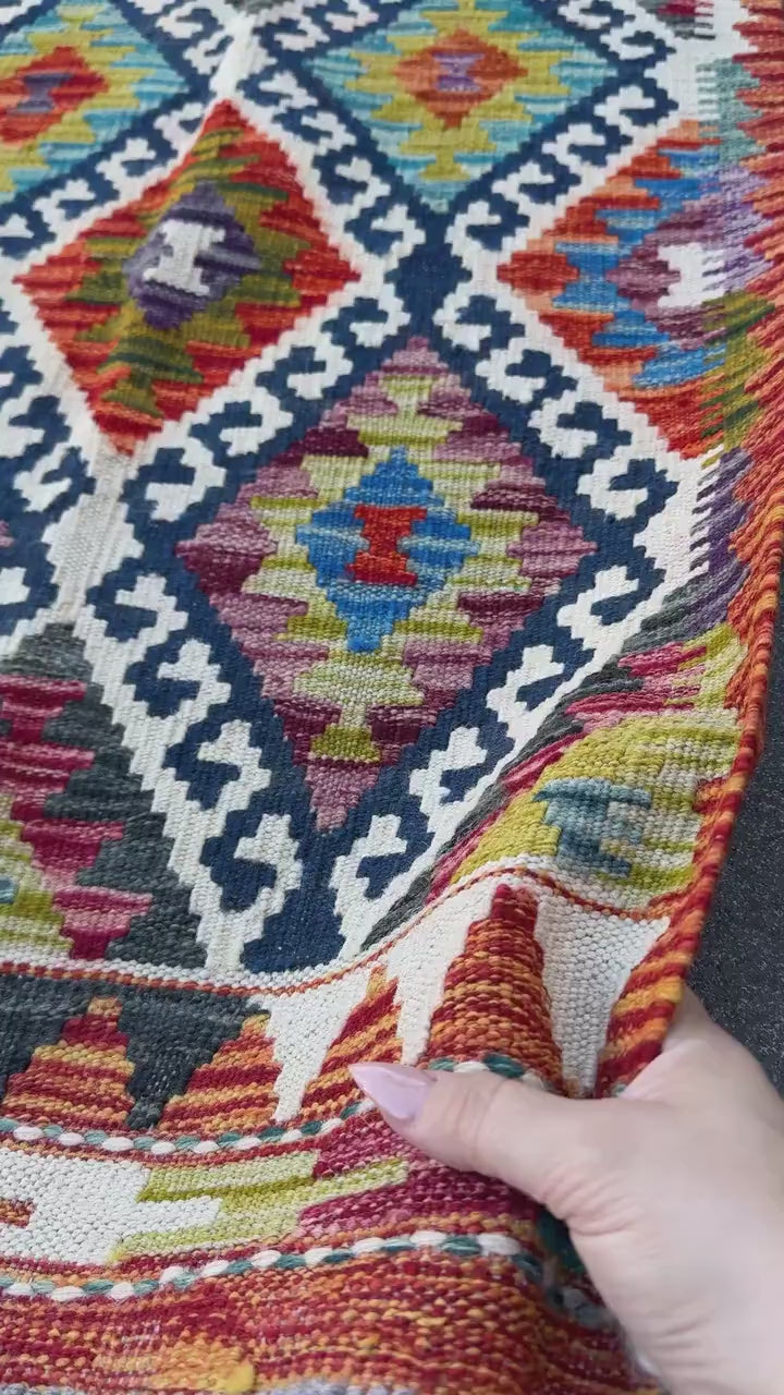 2x5 Handmade Afghan Kilim Runner Rug | Navy Rust Red Burnt Orange Cream White Mustard Yellow Olive Green Teal Aqua Blue Purple Grey | Wool