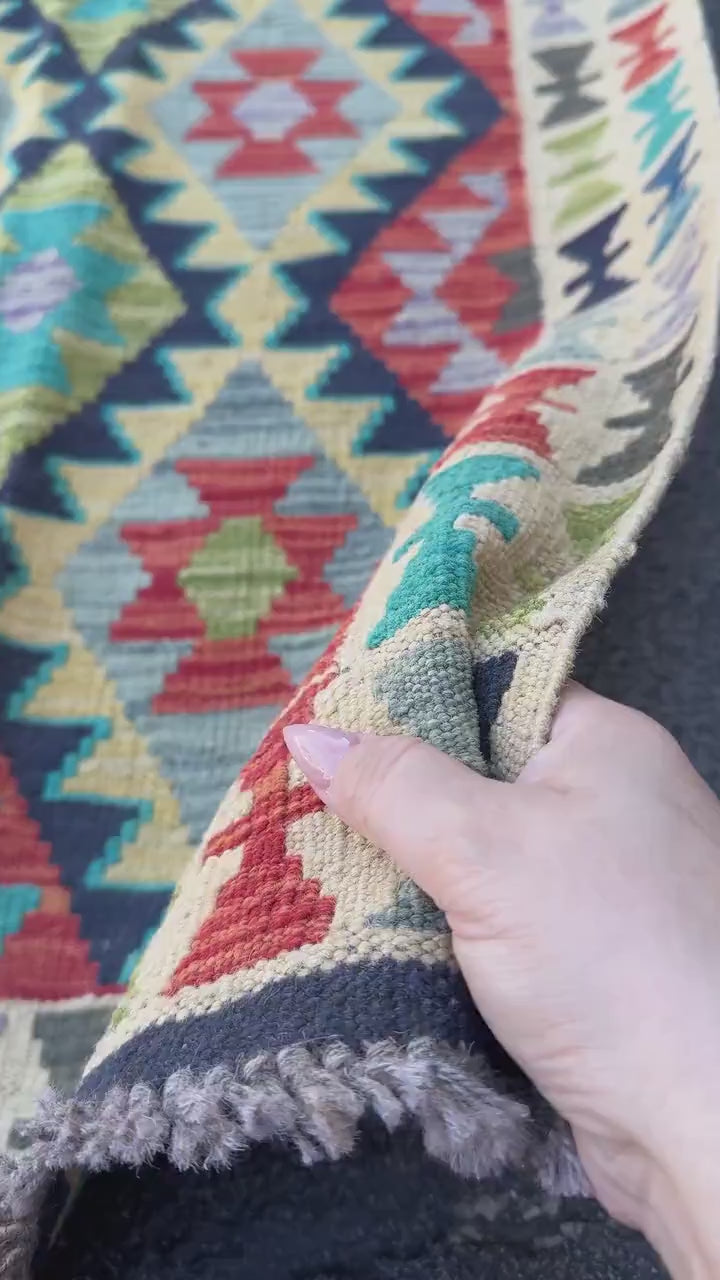 3x7 (100x200) Handmade Afghan Kilim Runner Rug | Cream Orange Midnight Blue Turquoise Olive Moss Green Grey Black Purple | Wool Turkish