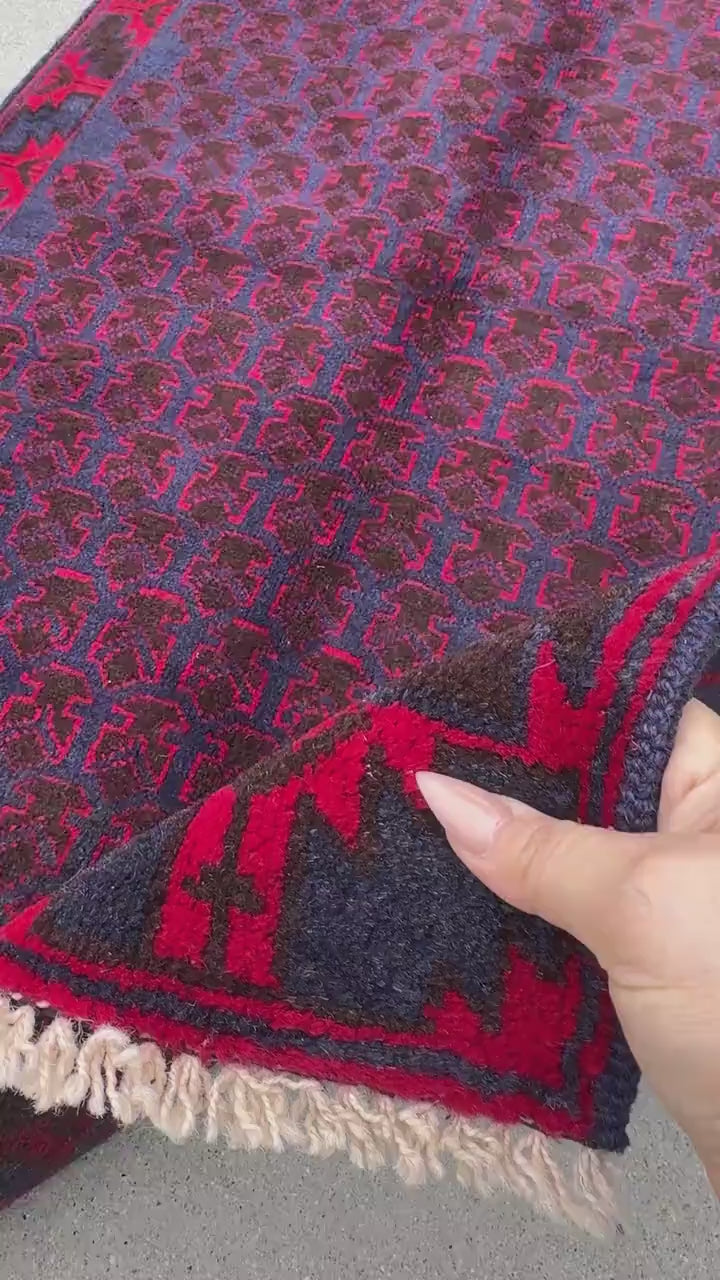 3x4-5 (91x152) Handmade Vintage Afghan Baluch Rug | Midnight Navy Blue Crimson Cherry Red Black | Wool Geometric Turkish Persian HandKnotted