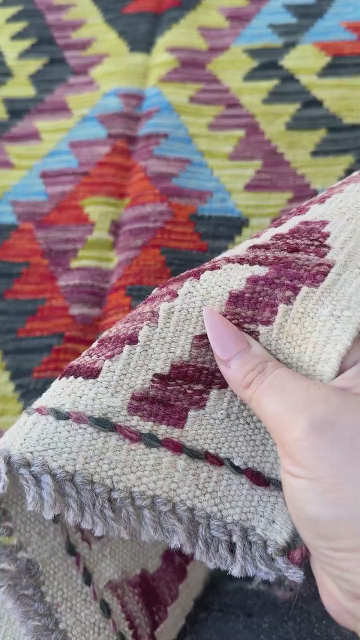 3x5 (91x152) Handmade Afghan Kilim Rug | Cream Olive Moss Green Grey Black Orange Denim Blue Maroon Wine Red | Wool Flatweave Reversible