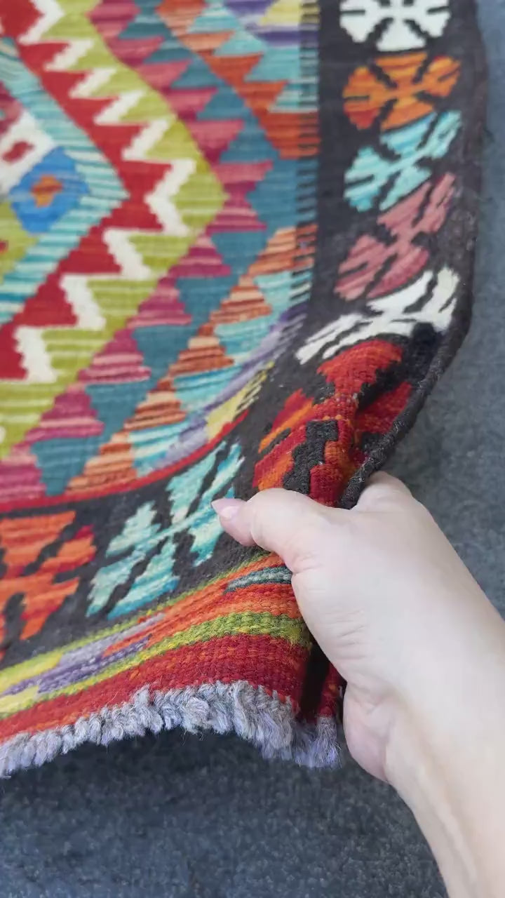 3x5 (91x152) Handmade Afghan Kilim Rug | Black Brick Red Burnt Orange Teal Turquoise Purple Olive Green Mustard Gold Denim Blue | Flatwoven