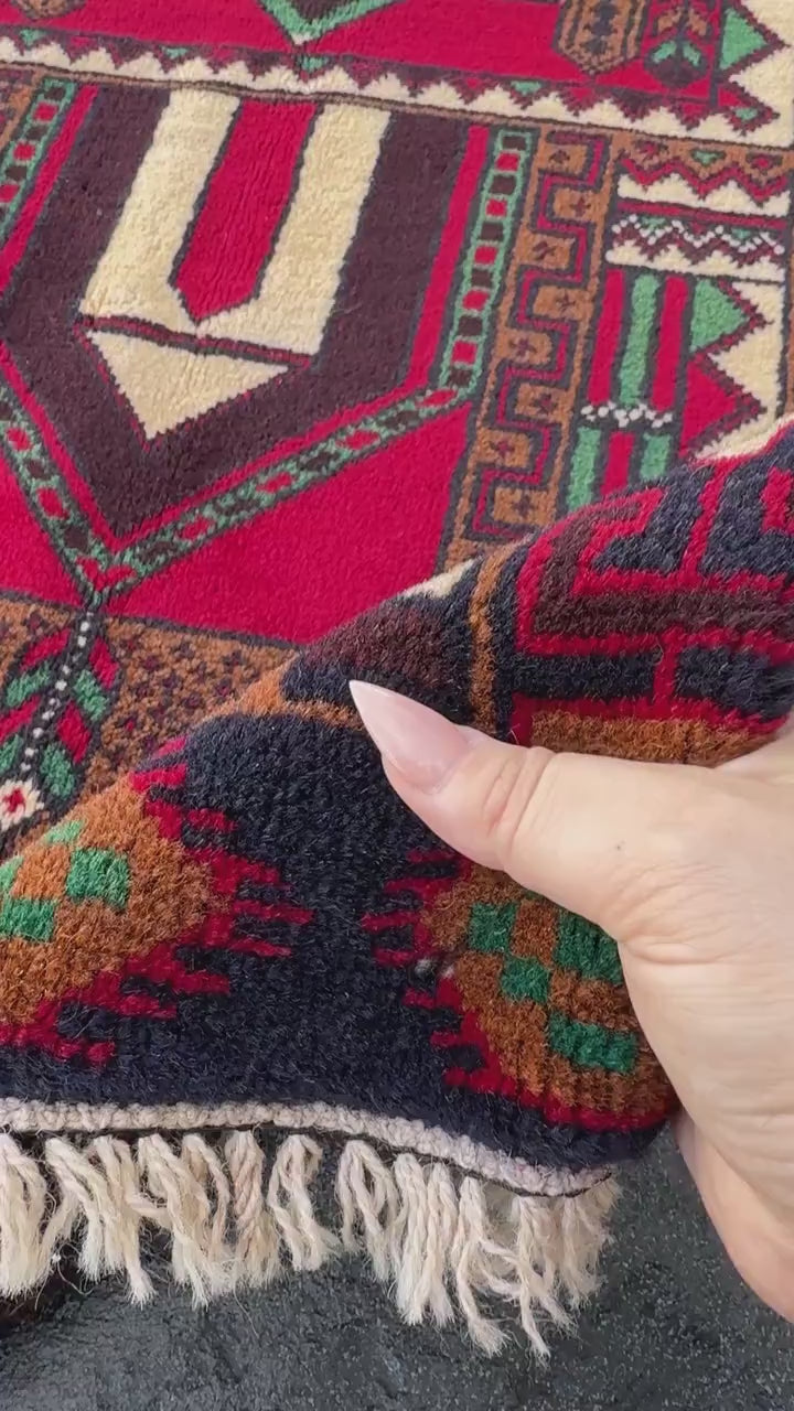 3x5 (91x152) Handmade Vintage Afghan Baluch Rug | Coffee Espresso Brown Maroon Crimson Blood Red Cream Forest Green Black White Black | Wool