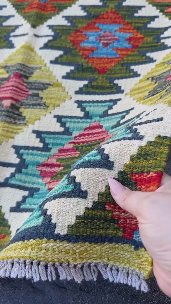 2x5 Handmade Afghan Kilim Runner Rug | Olive Green Mustard Yellow Rust Red Burnt Orange Teal Aqua Blue Cream White Navy Grey | Flatwoven