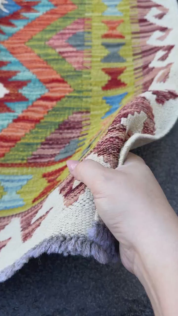 3x5 (91x152) Handmade Afghan Kilim Rug | Olive Green Teal Cream White Maroon Purple Aqua Denim Blue Rust Red Burnt Orange | Wool Flatwoven