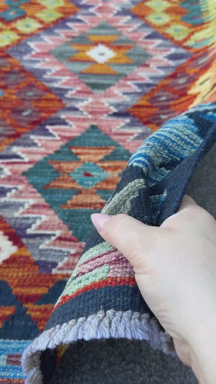 3x4 Handmade Afghan Kilim Rug | Rust Red Burnt Orange Mustard Yellow Olive Green Teal Aqua Blue Navy Purple Cream White Grey | Flatwoven