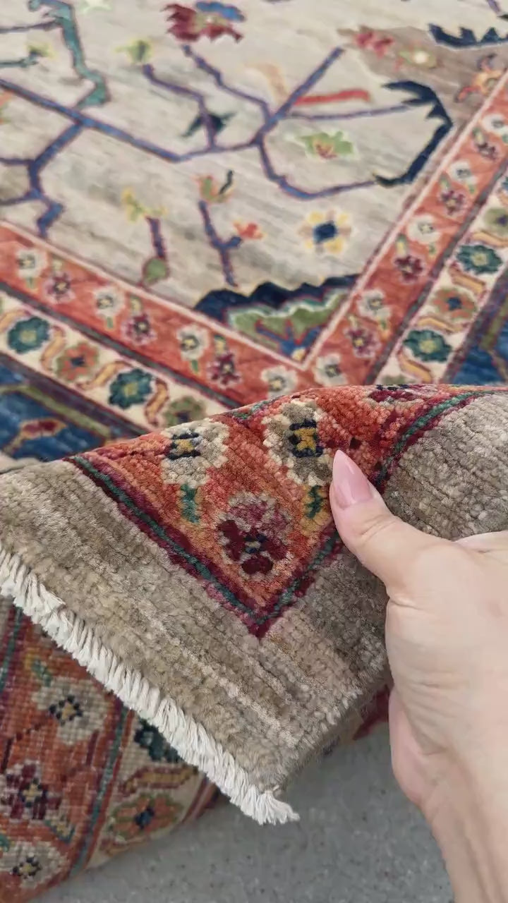 10x14 Handmade Afghan Wool Rug | Beige and Blue Heriz Style Area Rug | Hand-Knotted Tribal Carpet | Transitional Living Room Decor