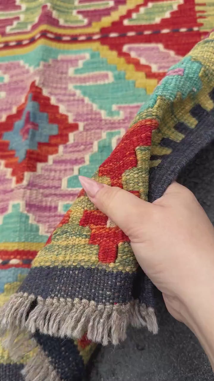 3x7 Handmade Afghan Kilim Runner Rug | Midnight Navy Denim Prussian Aqua Blue Olive Moss Green Mustard Yellow Rose Pink Cream Orange Red