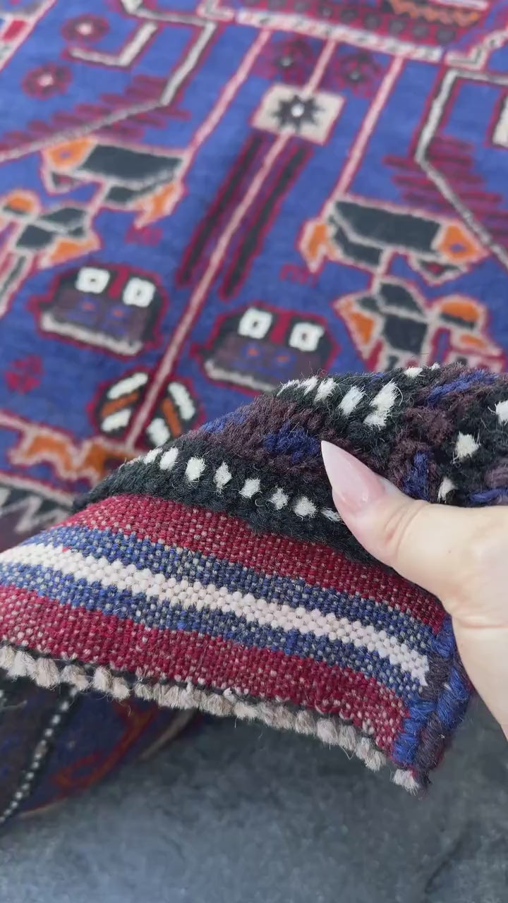 3x5 (91x152) Handmade Vintage Afghan Baluch Rug | Royal Blue Black White Ivory Orange Crimson Blood Red Taupe Cream | Wool Traditional