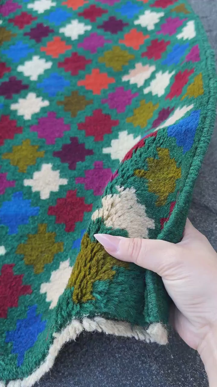 3x10 (90x305) Handmade Vintage Afghan Baluch Runner Rug | Pine Forest Green Purple Cream White Brick Red Burnt Orange Moss Blue Maroon