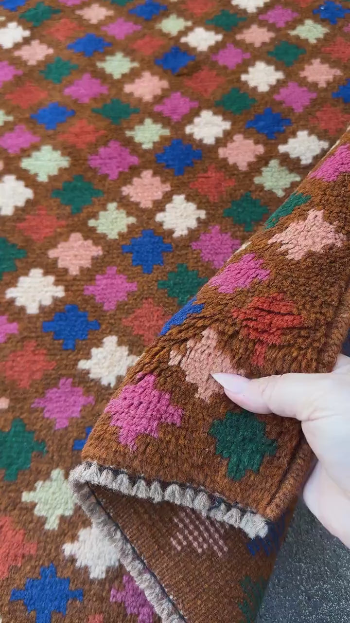 4x6 Handmade Vintage Afghan Baluch Rug | Chocolate Brown Navy Blue White Forest Mint Green Burnt Orange Rose Salmon Pink Peach | Wool