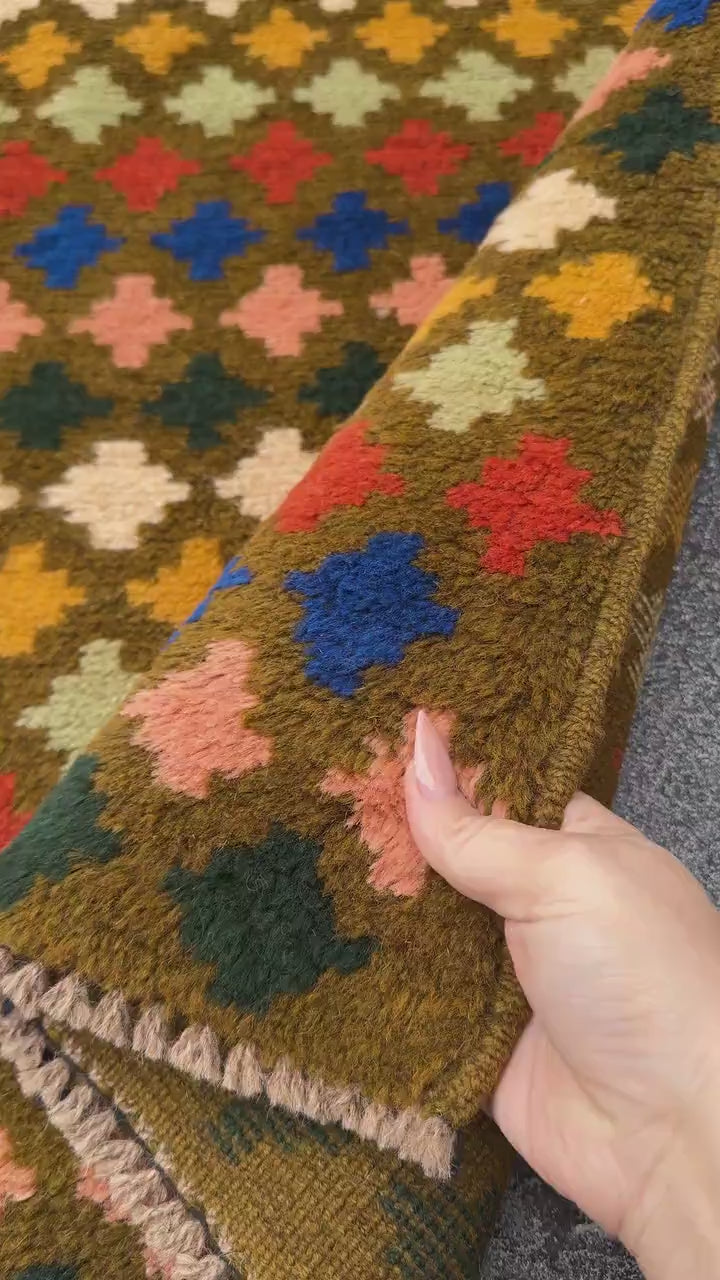 4x6 Handmade Vintage Afghan Baluch Rug | Olive Green Mustard Yellow Cream Peach Red Blue Rust Brown | Wool Flatwoven
