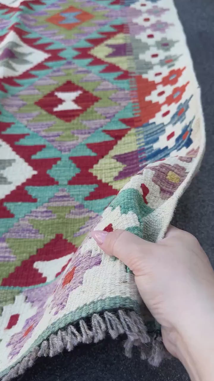3x7 (100x200) Handmade Afghan Kilim Runner Rug | Cream Ivory Blood Red Denim Blue Turquoise Teal Grey Moss Green Orange | Wool Turkish