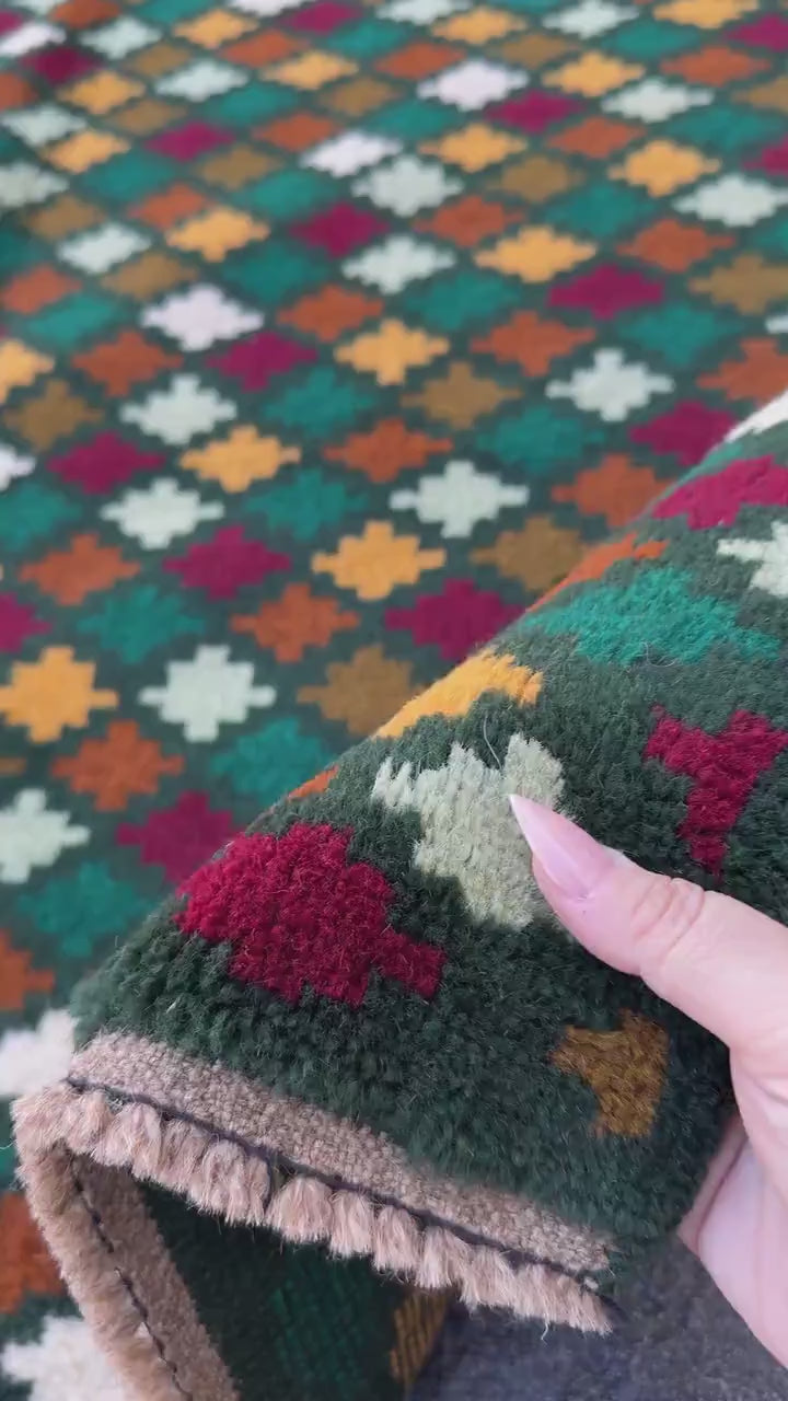 4x6 Handmade Vintage Afghan Baluch Rug | Forest Pine Mint Olive Green Mustard Yellow Gold Copper Brown Brick Red Burnt Orange | Flatwoven
