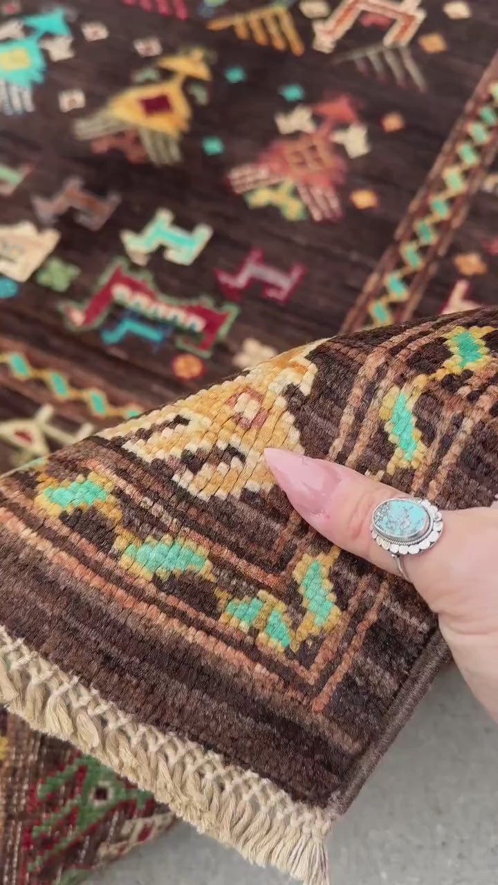 6x8 Handmade Afghan Wool Rug | Dark Brown Gabbeh Tribal Nomadic Design | Vintage Style Animals Folklore Area Rug