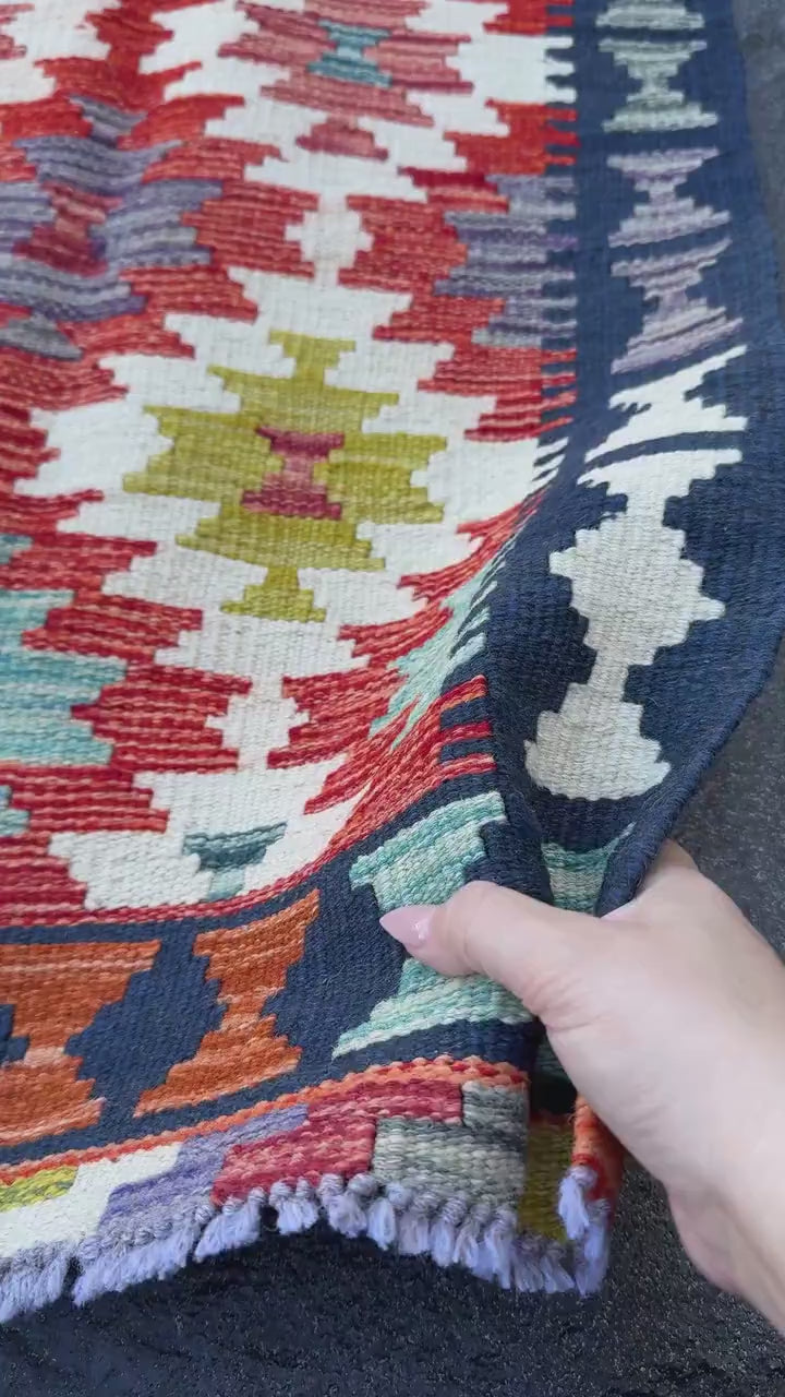 2x5 Handmade Afghan Kilim Runner Rug | Rust Red Burnt Orange Mustard Yellow Cream White Teal Aqua Blue Olive Green Navy Purple Grey | Wool