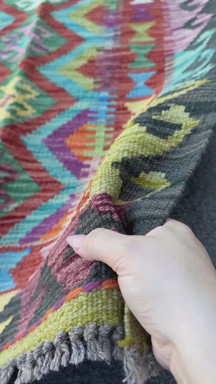 2-3x7 Handmade Afghan Kilim Runner Rug | Black Cream Olive Emerald Green Scarlet Red Yellow Plum Magenta Purple Denim Aqua Blue Orange Wool