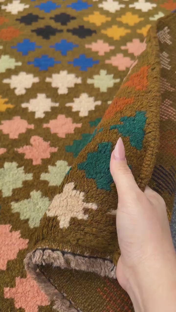 4x6 Handmade Vintage Afghan Baluch Rug | Chocolate Brown Forest Mint Green Black Salmon Pink Peach White Burnt Orange MUstard Yellow Gold