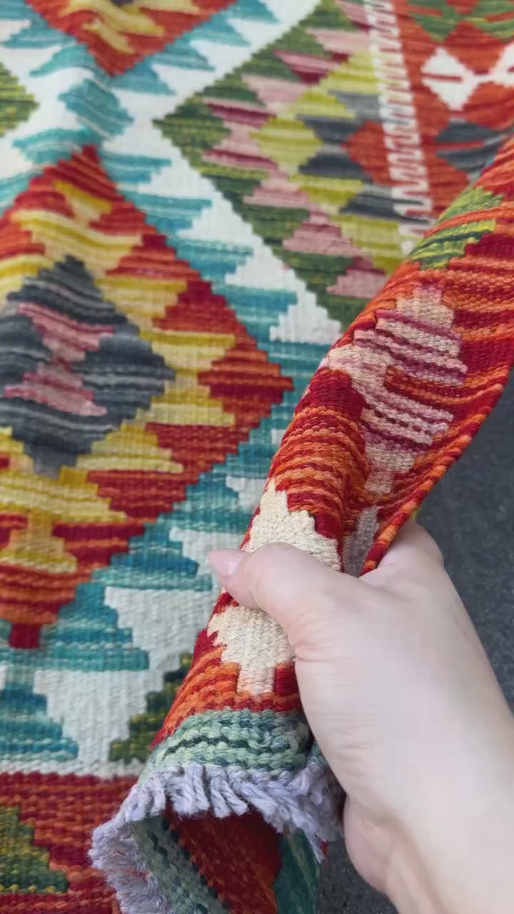 3x4 Handmade Afghan Kilim Rug | Rust Red Burnt Orange Mustard Yellow Cream White Olive Green Teal Aqua Blue Navy Purple Grey | Flatwoven