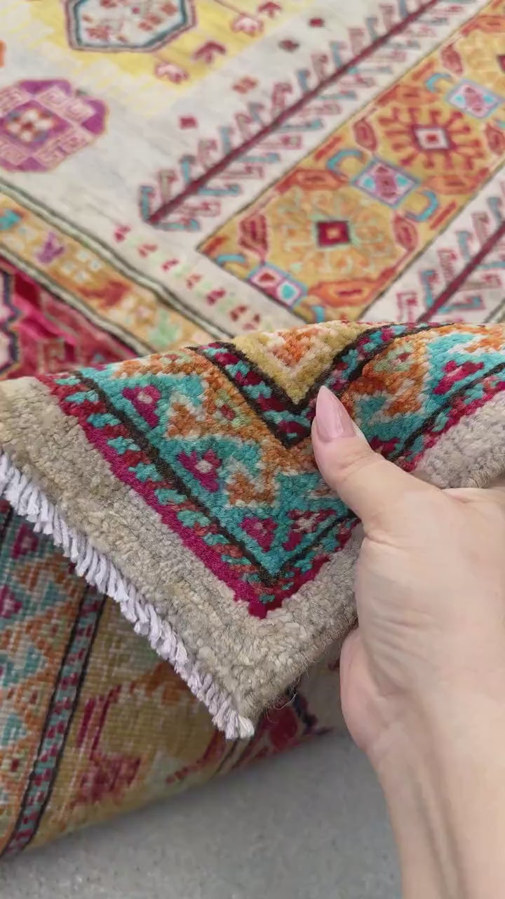 8x11 Handmade Afghan Wool Rug | Beige and Red Tribal Area Rug | Hand-Knotted Geometric Carpet | Boho and Traditional Living Room Decor