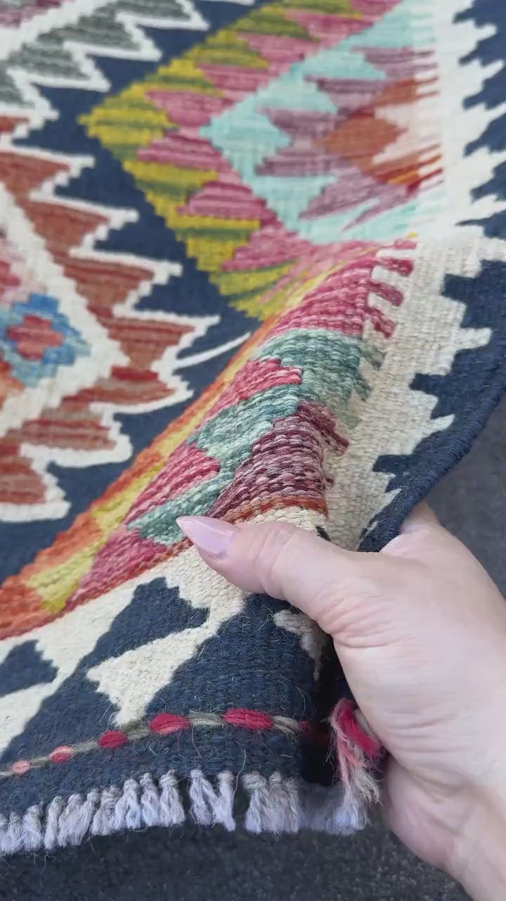 2x5 Handmade Afghan Kilim Runner Rug | Midnight Blue Olive Moss Green Teal Aqua Red Charcoal Grey Cream White Gold Denim | Wool Flatwoven