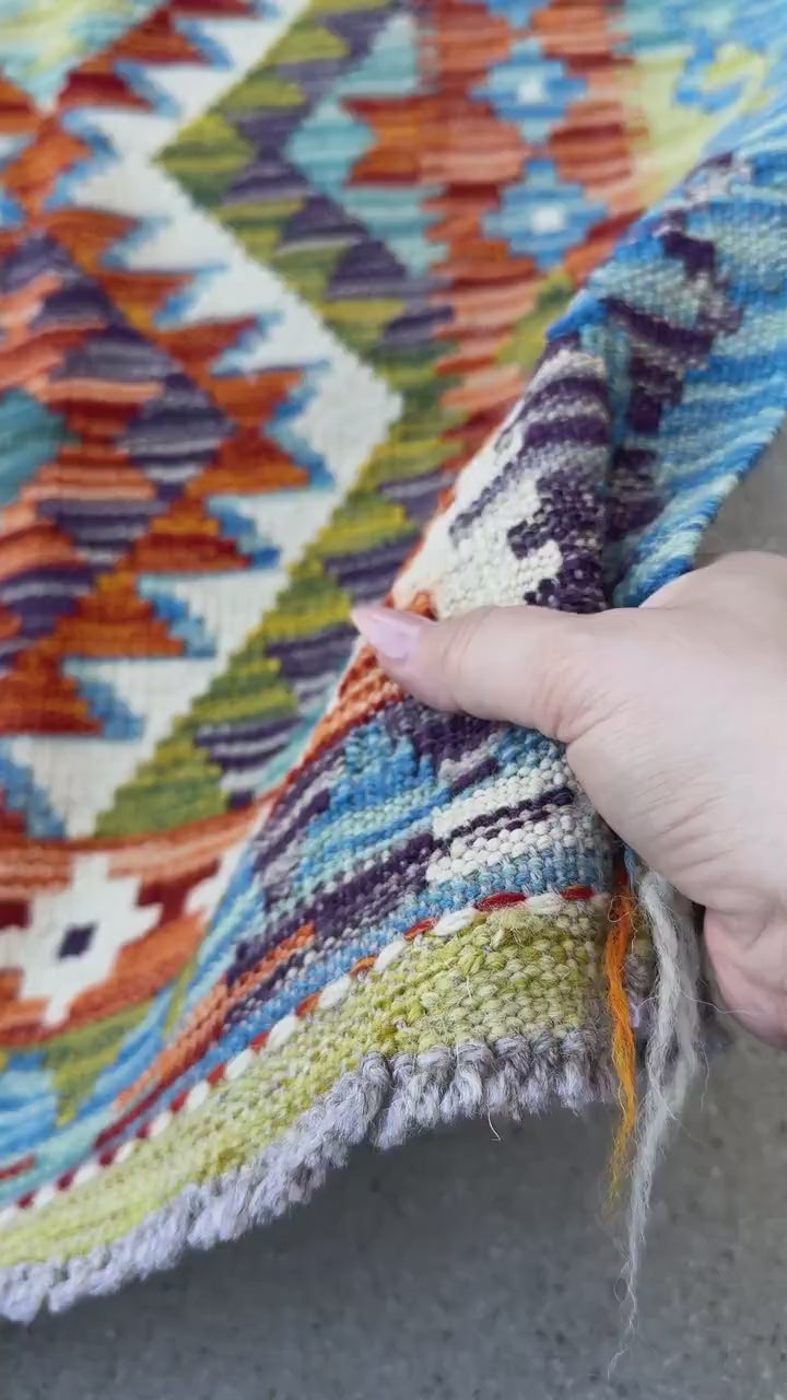 2x5 Handmade Afghan Kilim Runner Rug | Burnt Orange Cream White Eggplant Purple Olive Moss Forest Green Charcoal Teal Denim Blue Aqua | Wool