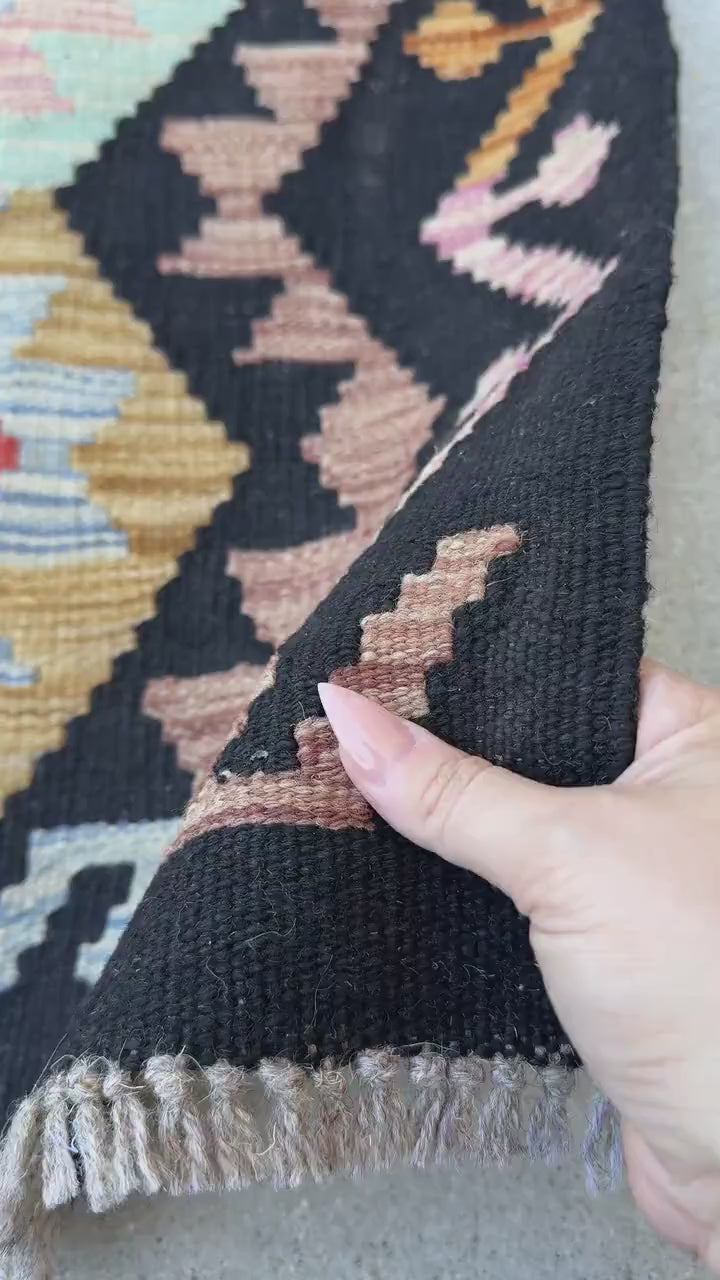 2x3 Handmade Afghan Kilim Rug | Black Chocolate Golden Brown Tan Denim Sky Aqua Blue Burnt Orange Pink | Wool Flatwoven