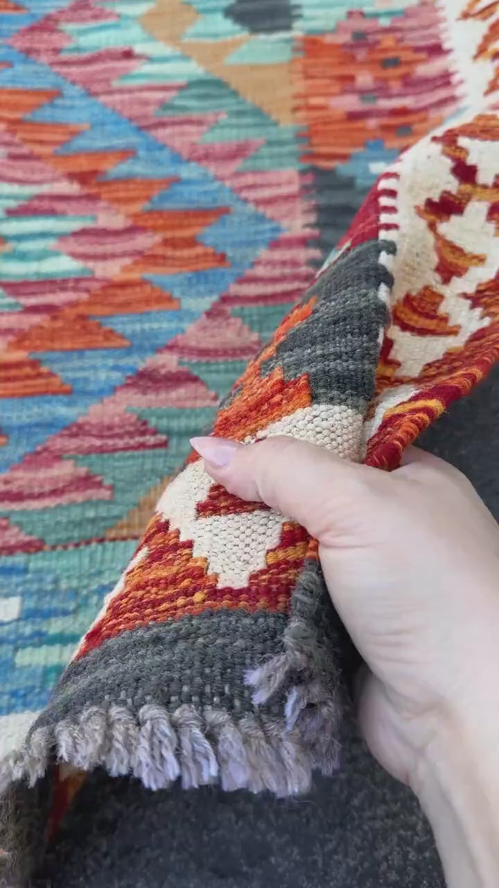 3x4 Handmade Afghan Kilim Rug | Burnt Orange Teal Aqua Turquoise Denim Blue Navy Beige Mustard Rust Red Plum Mauve Charcoal White | Wool