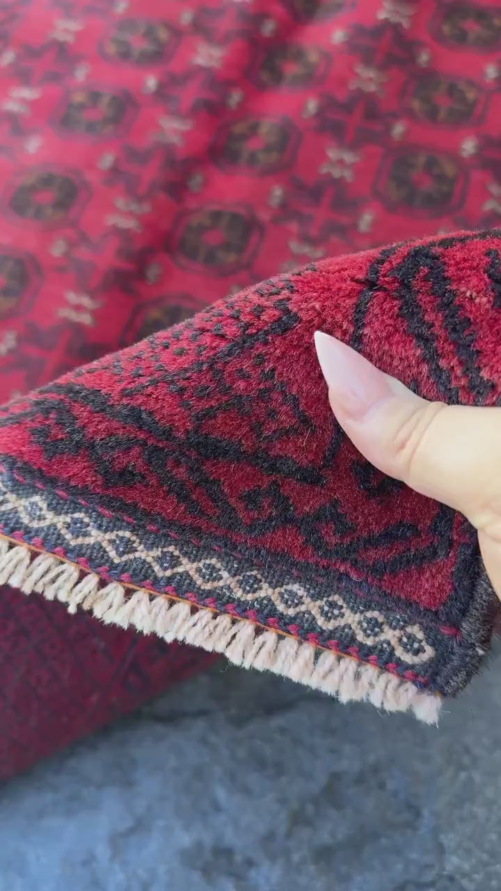 3x5 (91x152) Handmade Vintage Afghan Baluch Rug | Crimson Blood Garnet Red Black Cream White | Wool Geometric Traditional Turkmen