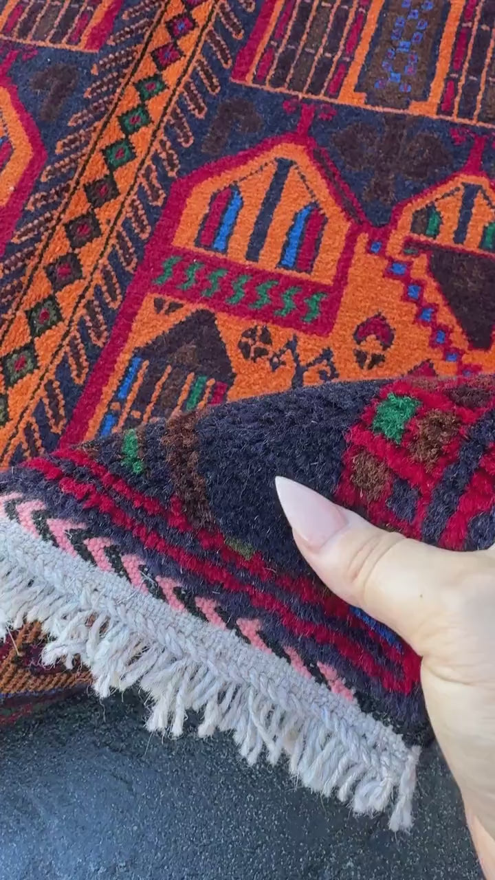3x5 (91x152) Handmade Vintage Afghan Baluch Rug | Orange Midnight Royal Blue Pink Crimson Burgundy Blood Red Black Forest Green | Wool