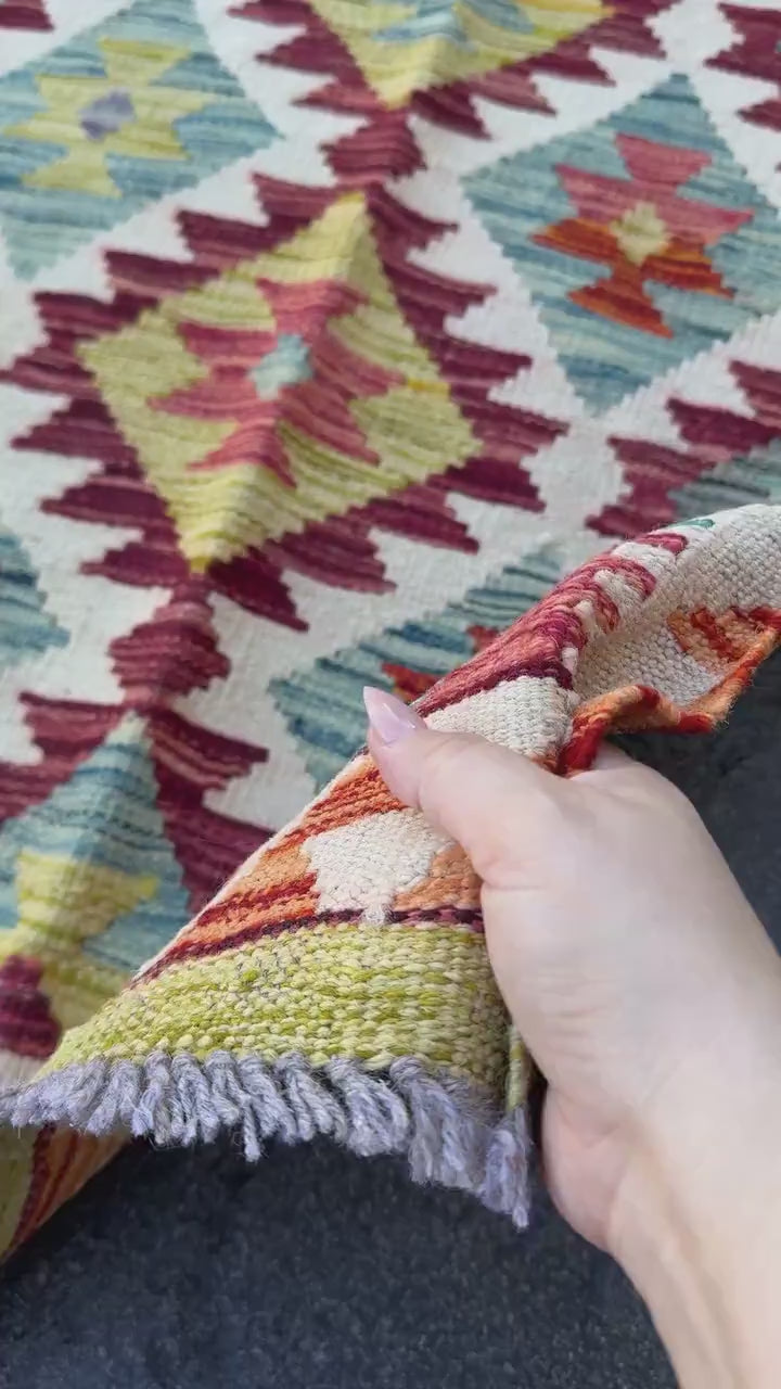 3x4 Handmade Afghan Kilim Rug | Burgundy Rust Red Burnt Orange Cream White Mustard Yellow Teal Aqua Blue Olive Green Grey Purple | Wool
