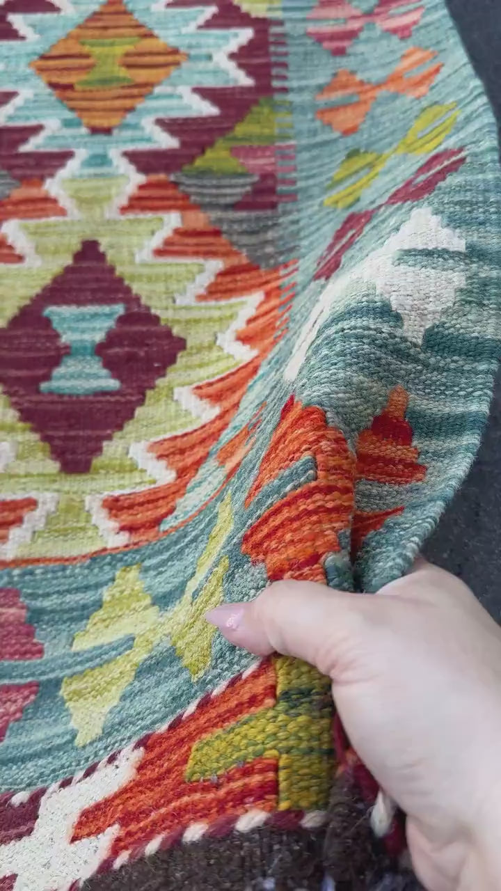 3x4 Handmade Afghan Kilim Rug | Teal Blue Rust Red Burnt Orange Mustard Yellow Olive Green Cream White Burgundy Purple Grey | Wool Flatwoven