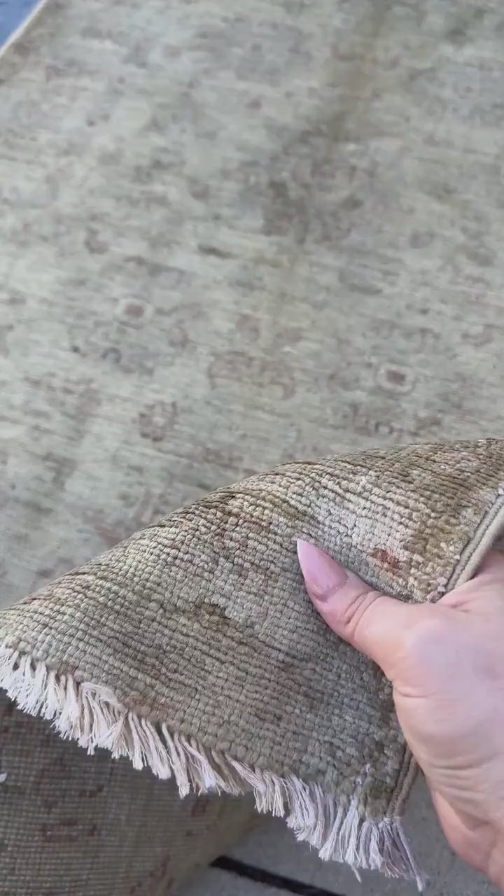 3x10 Handmade Afghan Wool Runner Rug | Muted Beige and Tan Faded Floral Hallway Runner | Soft Neutral Oushak Style | Hand-Knotted Carpet