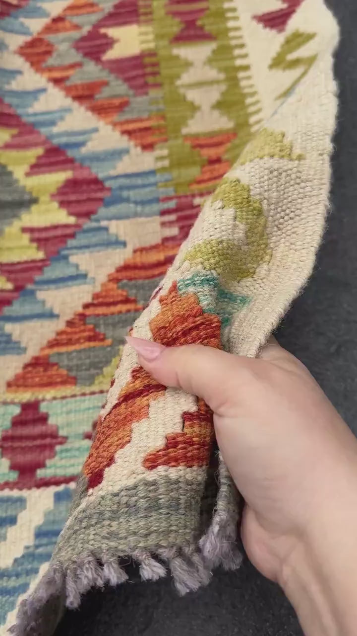 2-3x7 (80x213) Handmade Afghan Kilim Runner Rug | Cream Wine Garnet Red Grey Denim Baby Blue Burnt Orange Moss Olive Green | Wool Flatweave