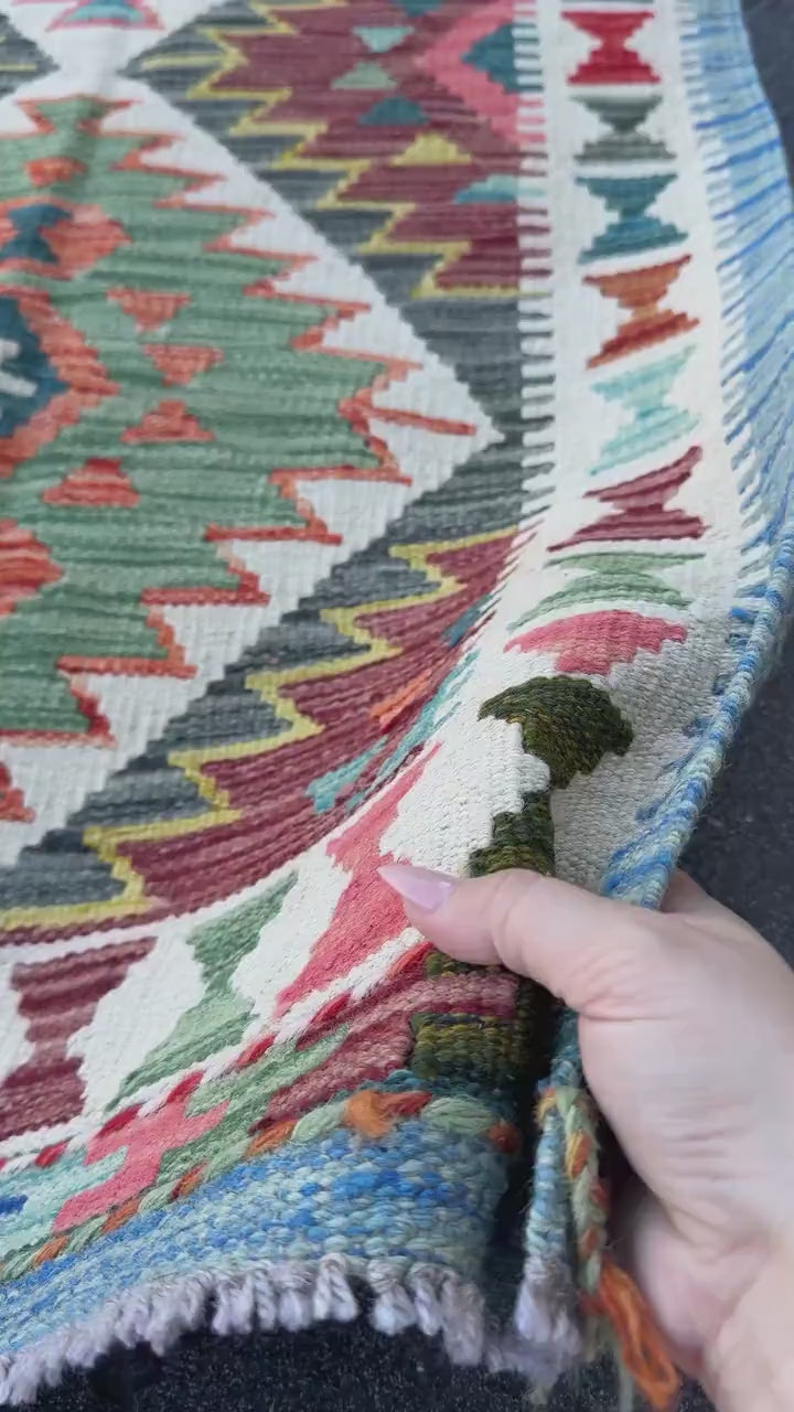 3x5 (91x152) Handmade Afghan Kilim Rug | Olive Green Cream White Burgundy Rust Burnt Orange Aqua Teal Turquoise Navy Blue Charcoal Grey