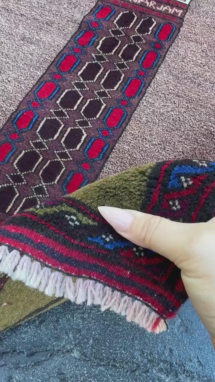 3x4-5 (91x152) Handmade Vintage Afghan Baluch Rug | Blue Royal Denim Taupe Grey Crimson Blood Red Cream Sand White Forest Olive Moss Green