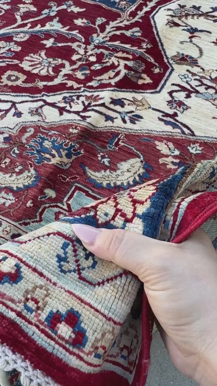 8x10 Handmade Afghan Wool Rug | Red & Navy Floral Medallion Rug | Traditional Oriental Area Rug