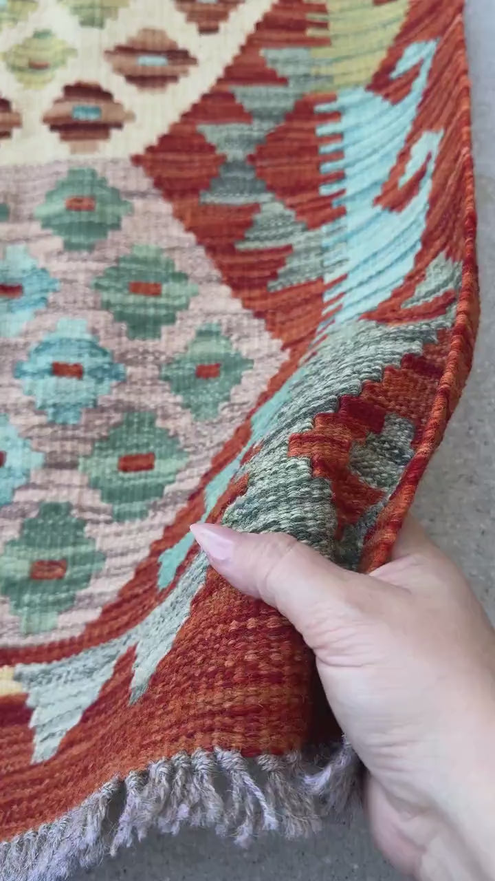 2x3 (61x91) Handmade Afghan Kilim Rug | Rust Burnt Orange Saffron Peach Taupe Sky Baby Denim Aqua Blue Teal Red Moss Olive Green | Wool