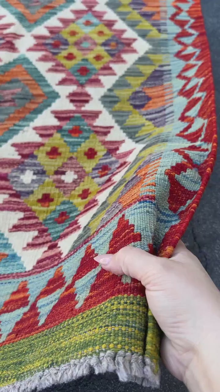 3x4 (91x121) Handmade Afghan Kilim Rug | Scarlet Brick Red Emerald Olive Green White Baby Denim Teal Prussian Blue Mustard Yellow Grey