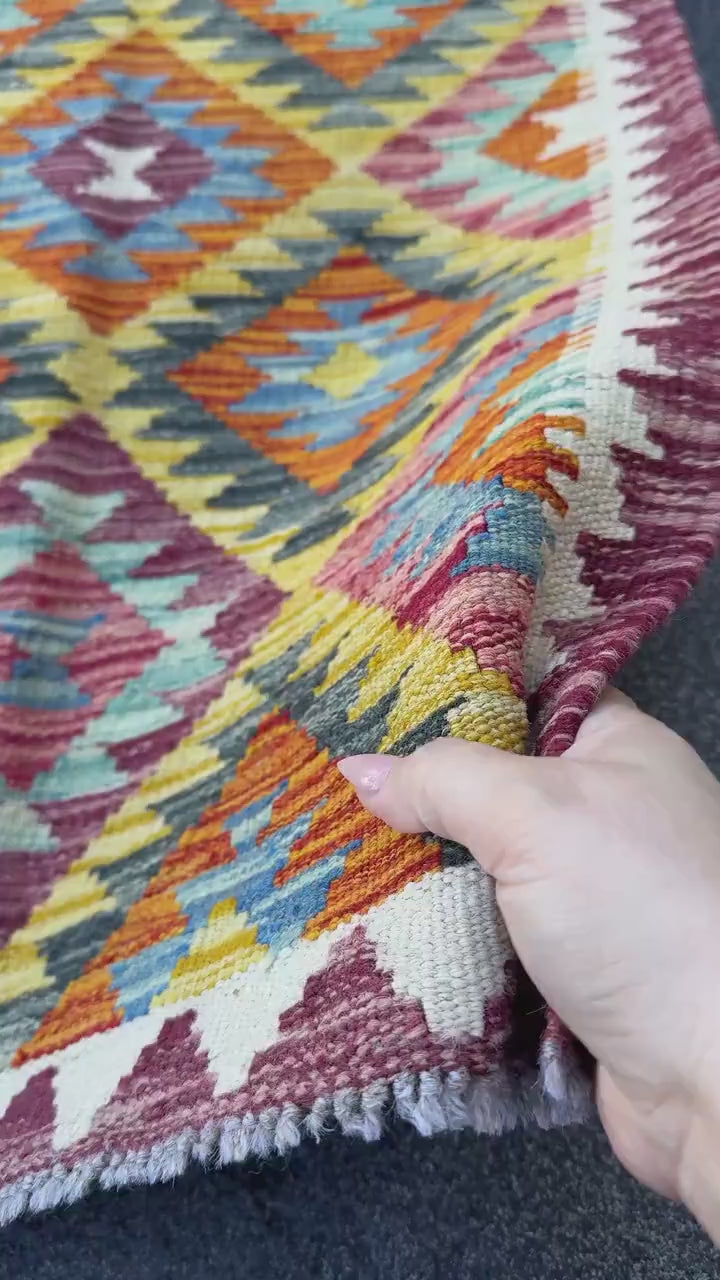 2x5 Handmade Afghan Kilim Runner Rug | Mustard Yellow Rust Red Burnt Orange Cream White Olive Green Teal Aqua Blue Navy Purple Grey | Wool
