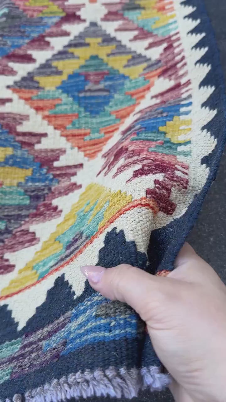 2x5 Handmade Afghan Kilim Runner Rug | Cream Maroon Denim Blue Orange Olive Moss Green Teal Mustard Gold Red Charcoal Grey | Wool Flatwoven