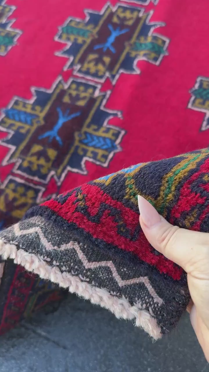 3x5 (91x152) Handmade Vintage Afghan Baluch Rug | Crimson Wine Red Mustard Olive Pine Green Teal Denim Midnight Blue White Cream | Wool