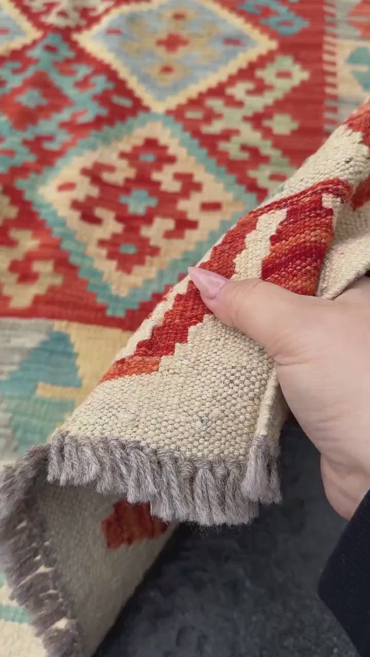 4x5 (91x152) Handmade Afghan Kilim Rug | Cream Sand Brown Tan Dusty Teal Denim Aqua Blue Grey Burnt Orange Rust Red Saffron Yellow | Wool