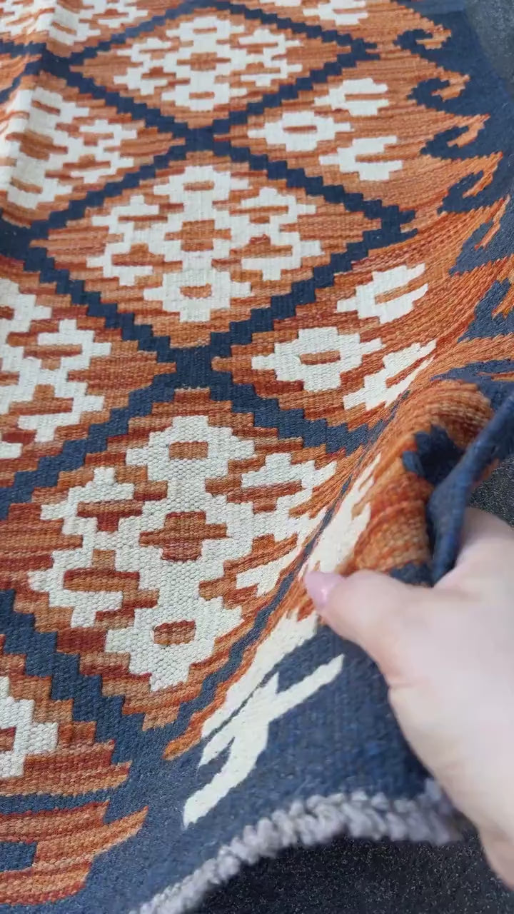 3x5 (91x152) Handmade Afghan Kilim Rug | Fire Rust Orange Cream Charcoal Black | Wool Turkish