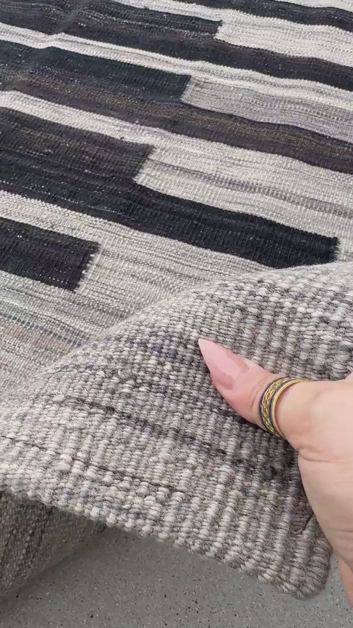 5x6 (152x182) Handmade Afghan Kilim Rug | Grey Gray Charcoal Slate Black Cream | Wool Flatweave Modern Minimalist Contemporary