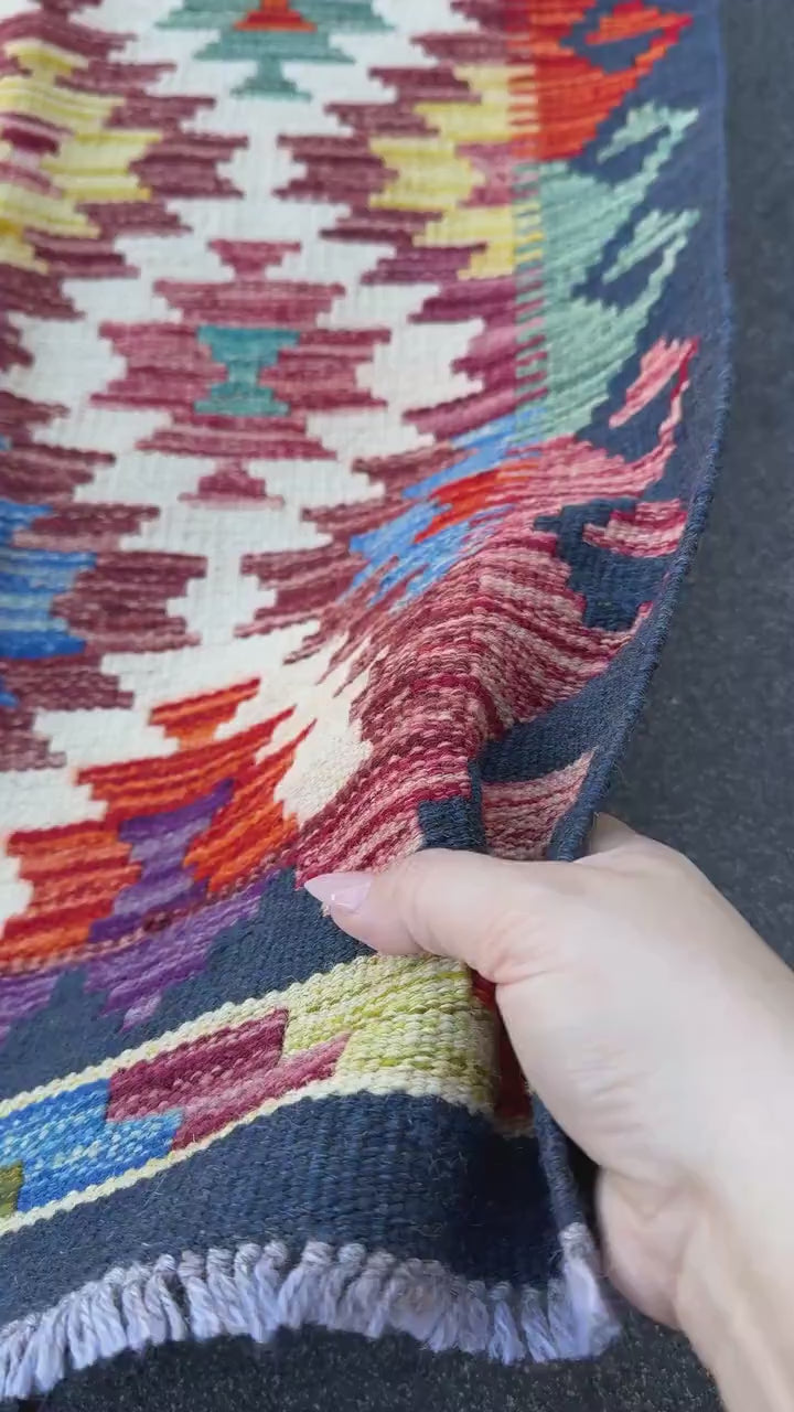 2x5 Handmade Afghan Kilim Runner Rug | Cream Sand Navy Red Orange Blue Teal Aqua Olive Moss Copper Gold Plum Mauve Grey | Wool Flatwoven